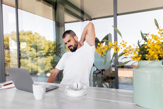 A person doing light stretching exercises during a break in their home office. The background shows a bright and airy room with indoor plants, contributing to a calming and refreshing atmosphere.