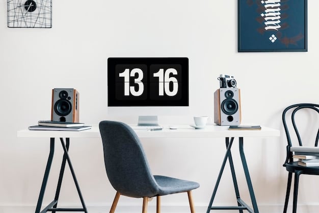 A minimalist home office setup with a clean desk, ergonomic chair, laptop, and a few essential items like a notebook and pen. The room is well-lit with natural light and has a calming, neutral color scheme.