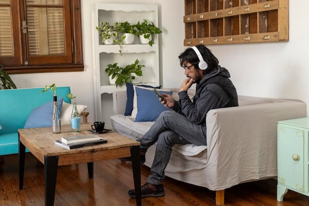 A person using noise-canceling headphones in a focused manner in their home office, effectively blocking out distractions and staying mindful.