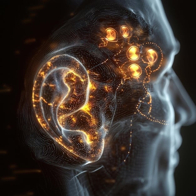 A cross-section of the human ear and brain, highlighting the auditory cortex and neural pathways involved in processing sound.