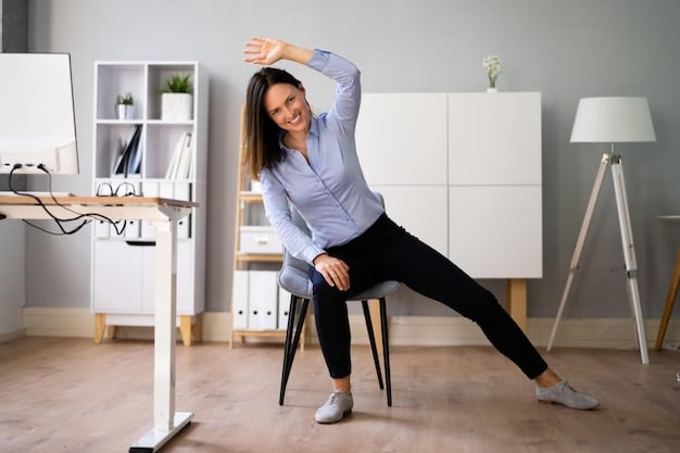 A person doing simple stretching exercises in a home office, with a comfortable chair and ergonomic setup, demonstrating physical activity during a break.