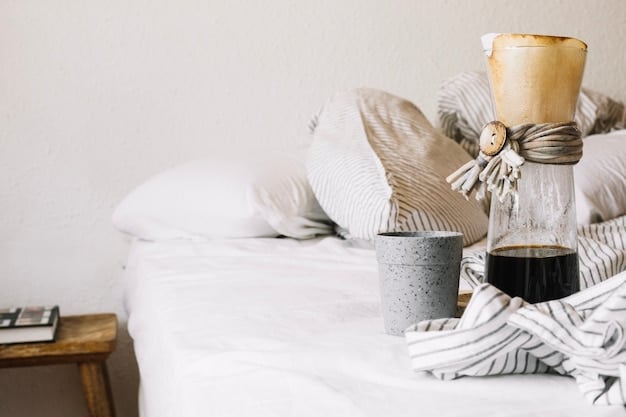 A well-organized and calming bedroom scene, showcasing a comfortable bed with soft, neutral-colored bedding. The room is dimly lit with bedside lamps, blackout curtains block out external light, and a white noise machine sits on the nightstand to minimize sleep disturbances.