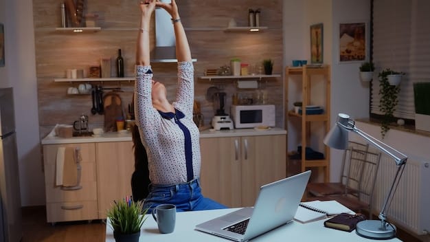 A person performing a simple stretch in their home office, pausing their work to care for their physical well-being. The background includes a desk with a laptop and some plants, suggesting a balanced and ergonomic workspace.