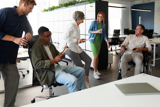A diverse group of professionals engaged in a dynamic brainstorming session in a modern office. Whiteboards filled with ideas, collaborative energy, positive facial expressions, and natural light. The scene promotes innovation and teamwork within the context of a four-day work week system.