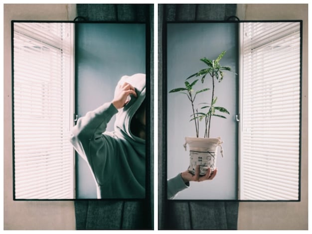 A split-screen showcasing two different scenarios: On one side, a serene home environment with a person relaxing outdoors; on the other, a focused professional working at a well-organized desk in a modern office. The image contrasts work-life balance with productive office work within the context of a four-day work week.