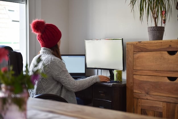 A person sitting at a home office desk, focused on a computer screen displaying lines of code, with sticky notes listing skills to learn, emphasizing the importance of continuous learning and upskilling in the tech industry.