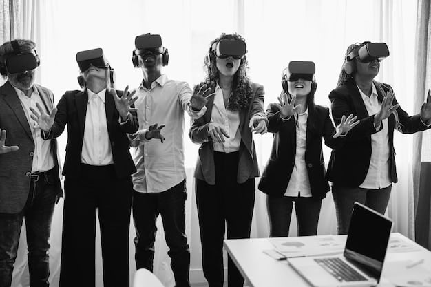 A group of employees, some wearing VR headsets and others using holographic displays, are participating in a training session in a virtual factory environment. The training simulates real-world scenarios, allowing them to practice tasks without physical risk.