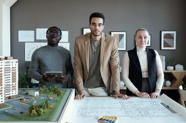 A diverse team of architects is collaborating on a building design in a metaverse workspace. They use gesture controls to manipulate holographic blueprints and discuss design options. The workspace displays real-time environmental data to inform their decisions.