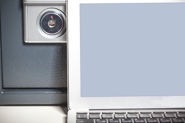 A home office setup with a laptop displaying a secure connection icon, surrounded by security-related accessories such as a hardware security key and a secure external hard drive.