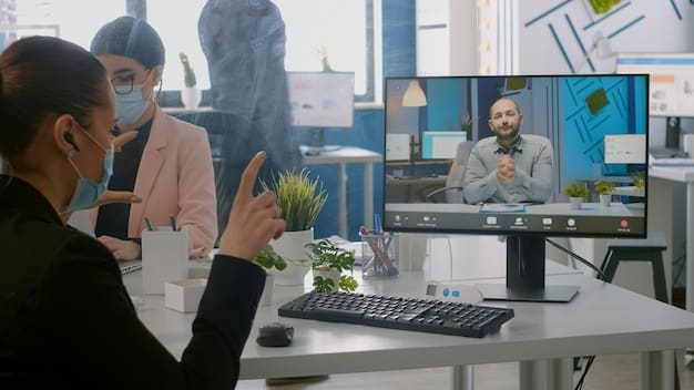 A US manager delivering a virtual presentation to a remote team, utilizing clear visuals and engaging communication techniques.