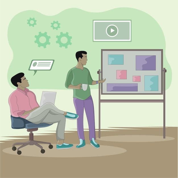 Two remote workers collaborating on a project via a virtual whiteboard, emphasizing teamwork and effective communication in a remote setting. One worker is pointing to the screen, while the other is typing notes, illustrating active participation.