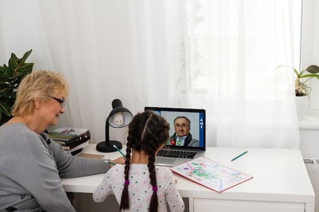 A person sitting at a desk in a home office, participating in a virtual therapy session on their laptop. A friendly and supportive therapist is visible on the screen.