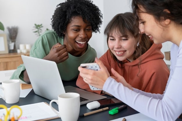 A diverse team of remote workers participating in a virtual team-building activity, all smiling and engaged. The activity involves an online game or puzzle.