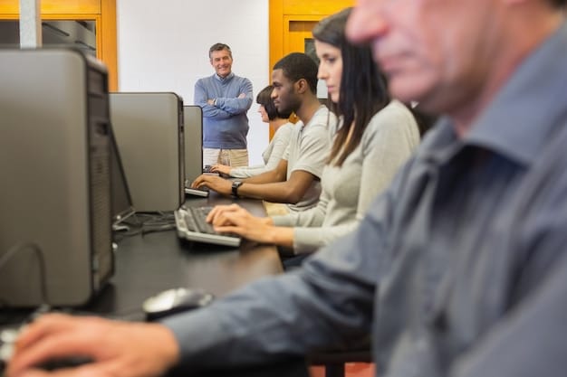A classroom setting in the US, where adults of diverse ages are learning about coding and digital literacy, highlighting government-funded training programs for future jobs.