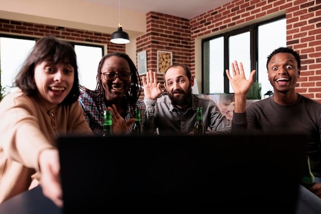 A diverse team of remote workers participating in a video conference. They are smiling and engaged, using various devices (laptops, tablets) in their home offices. The scene conveys collaboration and connectivity