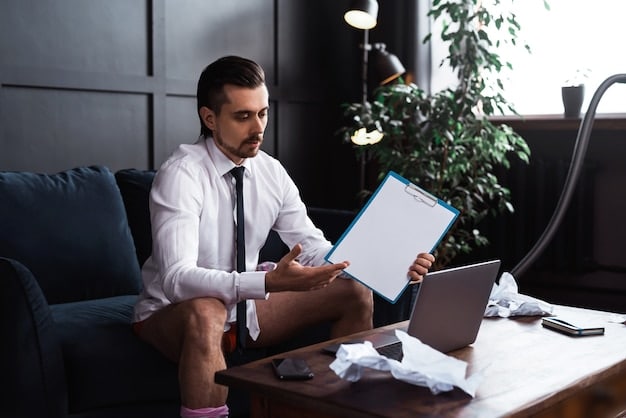 A lawyer sitting at his desk, reviewing documents related to remote work agreements. He is wearing glasses and has a serious expression, conveying his attention to detail and the importance of legal compliance