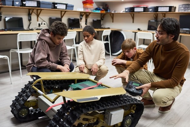 A classroom setting where adults are participating in a training session on programming or operating robots, with instructors guiding them through hands-on activities.
