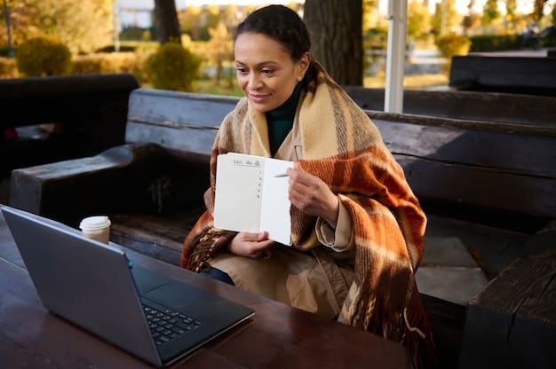 A close-up of a digital nomad calculating expenses using a spreadsheet on a laptop, surrounded by receipts and financial documents. The setting is a cozy cafe with natural light.