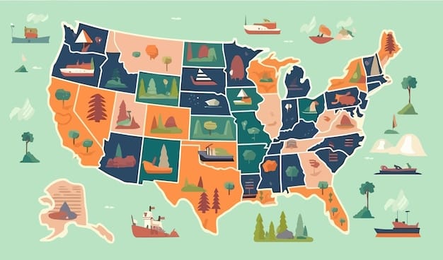 A map of the United States highlighting several national parks along a planned road trip route. The map shows different modes of transportation (car, hiking trails) and points of interest, alongside estimated travel times and potential campsites.