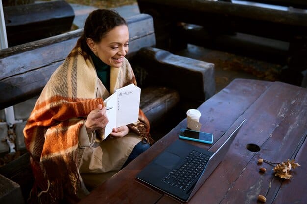 A digital nomad sitting at a desk in a home office, reviewing visa application paperwork. The desk is organized with a laptop, a coffee cup, and various documents. The overall tone is calm and focused, reflecting the preparation needed for visa applications.
