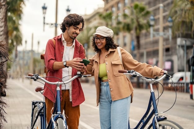 A diverse group of digital nomads exploring downtown San Francisco using a city bike share program. The iconic cable cars are visible in the background.