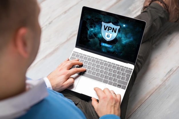 Close-up of hands using a laptop with a VPN service running. The VPN logo is visible on the screen.