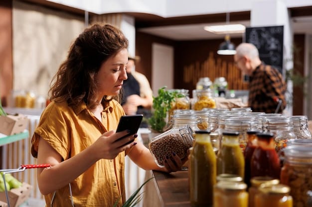 A digital nomad comparing prices of different brands of canned goods at a grocery store, with a focus on finding the most affordable and healthy options.