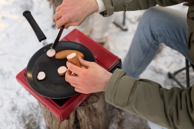 A digital nomad preparing a one-pot meal on a portable stove in a camping setting, showcasing the simplicity and efficiency of nomad cooking.