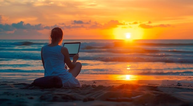 A digital nomad doing yoga on a beach at sunset, looking peaceful and content.