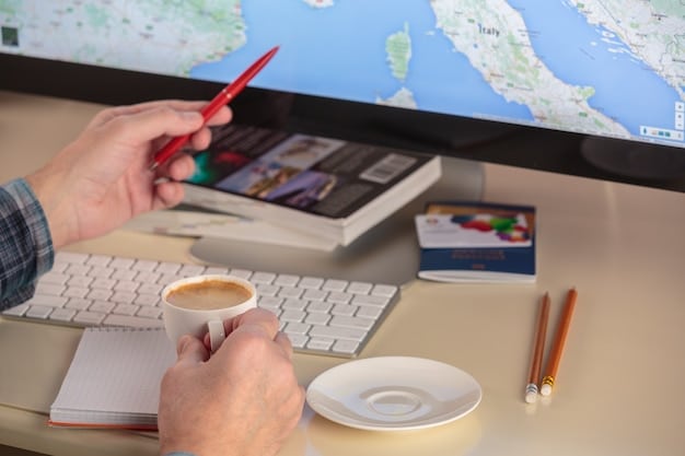 A person looking at a laptop screen with images of various travel destinations and icons related to healthcare, such as a stethoscope, hospital, and insurance card, symbolizing the decision-making process for healthcare options while traveling as a digital nomad.
