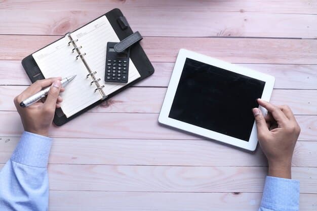 A person meticulously crafting a detailed meeting agenda on a digital tablet. The tablet screen displays a structured list with specific topics, time allocations, and desired outcomes clearly outlined.