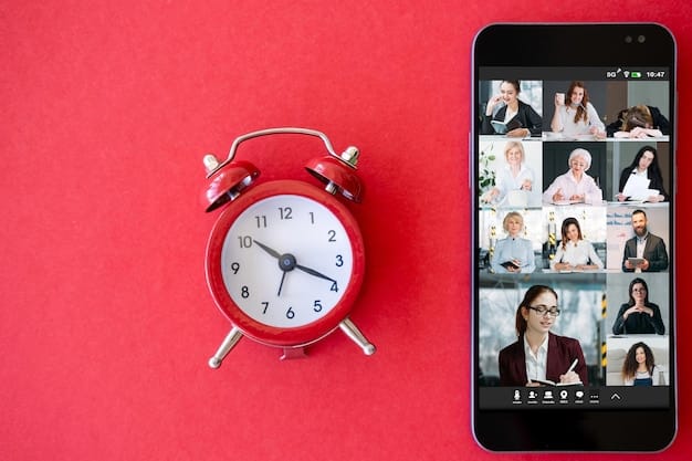 A timer set to 25 minutes, with the background showing participants in a virtual meeting taking a short break, stretching, and grabbing refreshments. The scene emphasizes the Pomodoro Technique in action during a remote meeting.