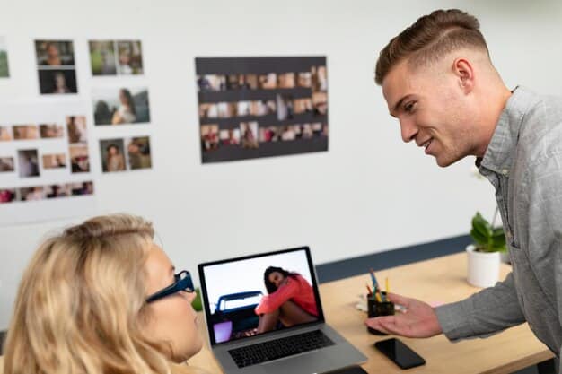 A split-screen image showing two people in separate home offices engaged in a tense video call. One person is gesturing emphatically while the other looks frustrated. The background of each office is visible, showing personal items and work materials.