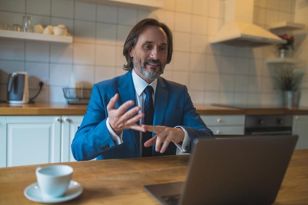 A manager conducting a virtual performance review with a remote employee. The manager is speaking with empathy and clarity, while the employee is listening attentively. The setting is professional yet comfortable.