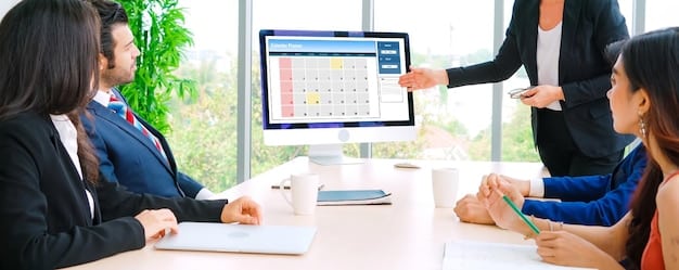 A digital calendar showing recurring scheduled meetings for the new employee, including project meetings, one-on-one check-ins, and training sessions. Sticky notes with action items are displayed around the calendar.