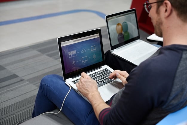 A close-up of a laptop screen displaying a training module on project management for remote teams. The screen features a modern, user-friendly interface with interactive elements. A hand is shown using a trackpad, indicating active participation.