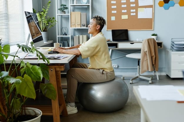 A US remote worker in a home office setting, using an ergonomic chair and adjustable desk, with a focus on proper posture and screen setup to illustrate physical wellbeing practices.