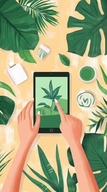 A selection of mental health app icons on a tablet, surrounded by calming elements like green plants and soft lighting, illustrating digital resources for mental wellbeing.
