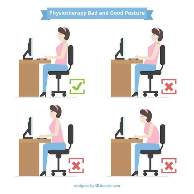 A person sitting at an ergonomic desk with a monitor at eye level, a keyboard positioned for neutral wrist posture, and a supportive chair with lumbar support.