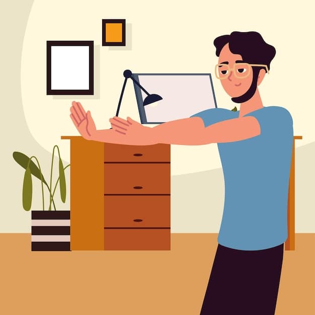 A person demonstrating a wrist stretch at their desk, illustrating a simple ergonomic practice during a work break.