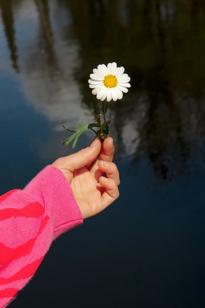 A close-up shot of a person's hands gently holding a flower. The background is blurred, creating a sense of focus and attention on the present moment. The image represents the practice of mindfulness and being fully aware of your surroundings.
