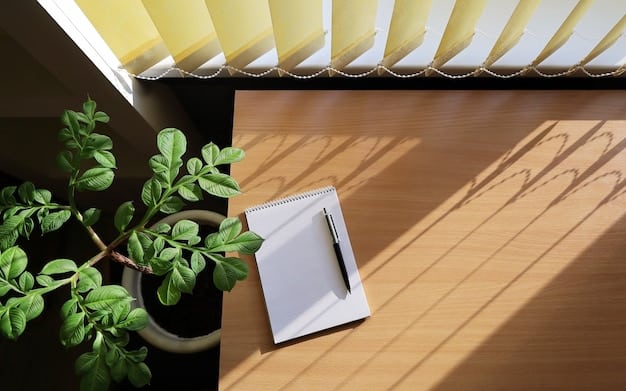 A minimalist workspace with a clean desk, a laptop, a notebook, and a plant. Natural light is streaming in through a window, creating a sense of calm and focus.