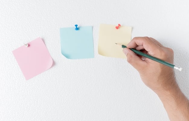 A close-up shot of a hand organizing sticky notes on a whiteboard. The sticky notes are color-coded and grouped into categories such as 