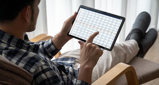 A digital calendar app on a tablet, showing time blocks for different types of tasks. Each block is labeled with a task category, such as 