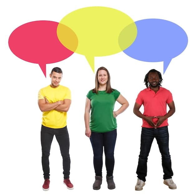 A person standing confidently with their arms crossed, surrounded by thought bubbles representing different communication styles: assertive (clear and direct), aggressive (demanding), and passive (avoidant). The assertive bubble is highlighted.