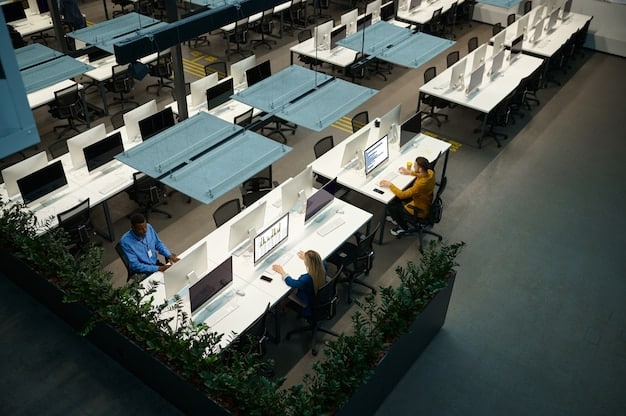 A brightly lit and modern co-working space, featuring digital nomads working at individual desks, collaborating at a standing huddle table, and participating in a group video conference, emphasizing productivity and professional collaboration.