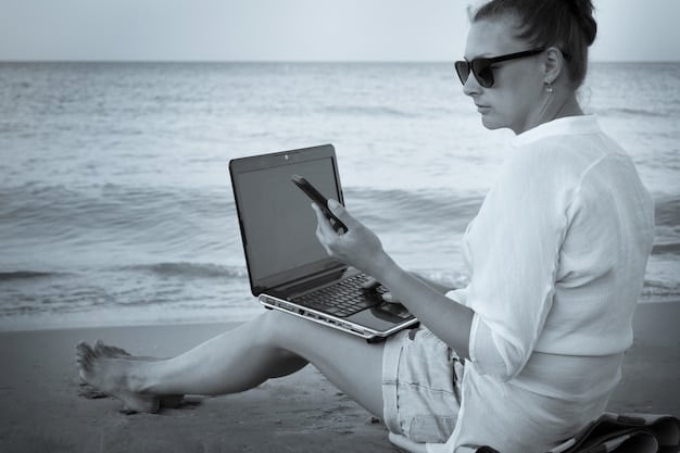 A split-screen image showing a digital nomad working on a laptop on a beach on one side, and a stack of health insurance documents on the other, symbolizing the balance between lifestyle and practical considerations.
