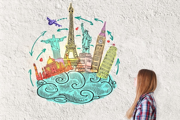 A collage image featuring various international landmarks (Eiffel Tower, Great Wall of China, Machu Picchu) with a small medical cross overlayed on each, illustrating global health coverage.
