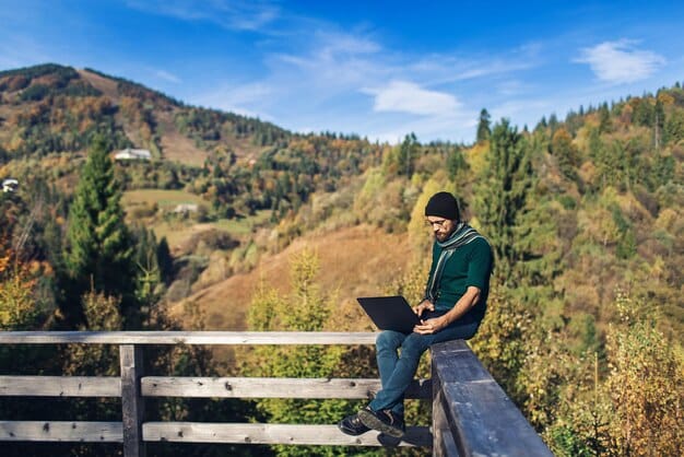 A digital nomad ziplining through a lush forest in West Virginia, illustrating the state's focus on outdoor adventure and remote work.