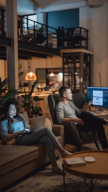 A comfortable co-working space with several people working on laptops, highlighting the importance of reliable internet for digital nomads. The image should be well-lit and modern.